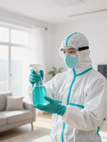 Professional technician in a clean, branded protective white suit spraying eco-safe sanitizer in a bright, modern, sunlit living room, sterile teals and whites, highly professional, sharp focus.