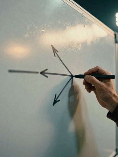 Close-up of a hand drawing tactical arrows on a clean whiteboard, soft golden hour light reflecting on the surface, professional sports editorial style.