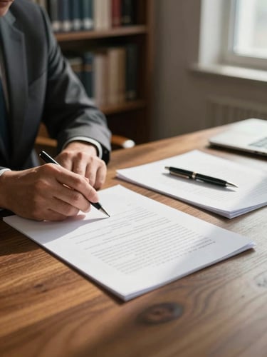 Close environmental shot of an attorney's desk mid-work — a hand resting near a signed document, a pen placed across a contract page, natural window light falling across the paper surface, warm tones, slightly wide angle capturing the desk corner and a blurred background of bookshelves