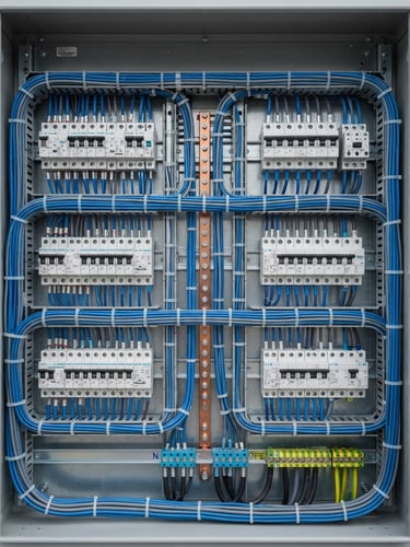 Sharp geometric close-up of a modern electrical panel, neatly routed blue and gray wires, clean technical details, crisp daylight, 35mm architectural lens