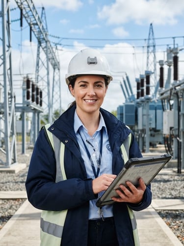Professional portrait of an electrical engineer with a hardhat holding a tablet, clean modern substation background, crisp natural daylight, blue and slate tones