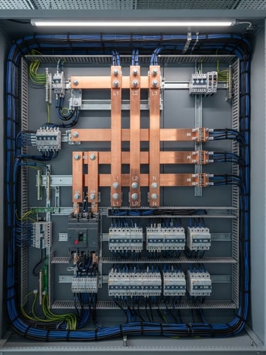 Close-up of a perfectly organized industrial electrical panel, clean copper busbars, structured wiring, crisp architectural lighting, blue and slate tones
