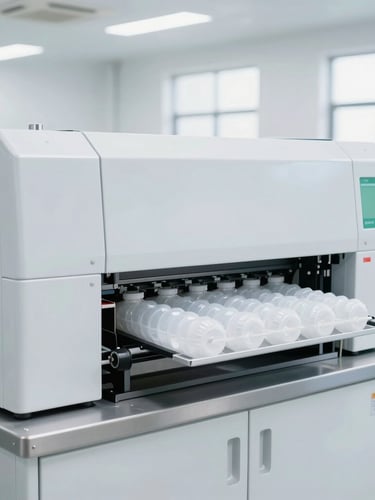 Wide shot of a clean, automated packaging manufacturing line, bright natural daylight, organized industrial setting, zero plastic visible, sharp focus, 50mm