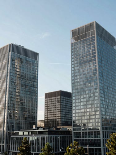 Wide environmental shot of a modern architectural skyline of a global financial hub in Geneva under bright daylight, clean lines.