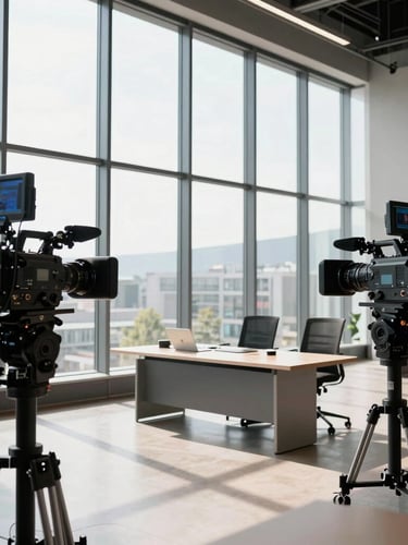 Wide environmental shot of a state-of-the-art broadcast studio in Geneva, bright natural light pouring through floor-to-ceiling windows, professional cameras aimed at a sleek presentation desk, minimalist architectural backdrop.