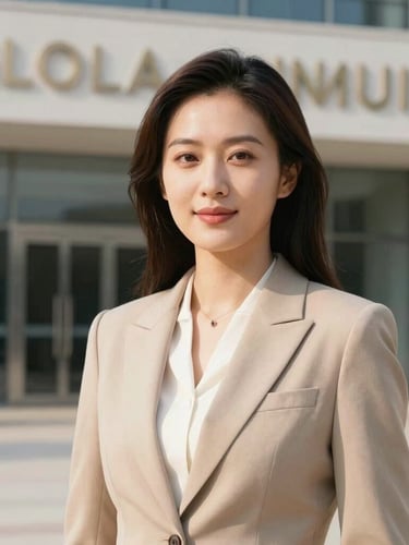 Portrait of an elegant female diplomat, professional attire, warm and confident expression, bright natural daylight, clean architectural background of a global summit.