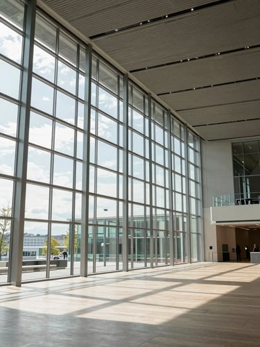 Wide environmental shot of a modern architectural summit hall in Geneva, bright natural daylight streaming through high glass windows, professional setup