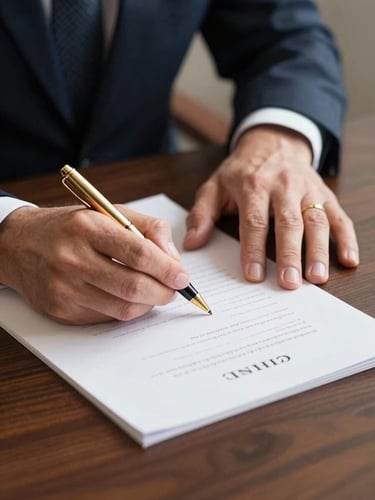 Crisp close-up of a diplomatic signing ceremony on a dark wood table, gold pen, clean professional lighting