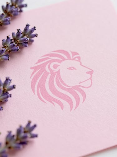 Clean editorial photography of a soft pink lion emblem printed on elegant textured paper, surrounded by fresh lavender and rosemary leaves, soft morning daylight, pastel pink and muted violet tones, minimalist composition, 35mm lens.