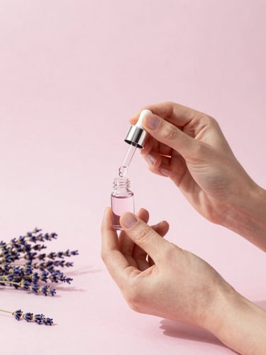 Clean editorial portrait of a woman formulating cosmetics with dried lavender and oils in soft morning daylight, pastel tones.