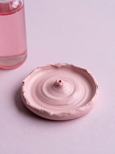 Close-up of pink clay and botanical oils on a soft dusty pink surface, diffused morning light, clean editorial composition
