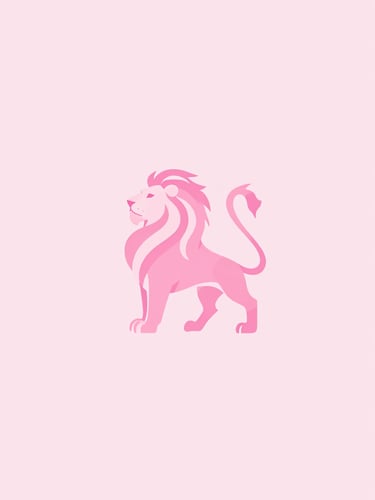 Minimalist clean vector illustration of a pink lion emblem, soft pastel pink background, elegant feminine branding