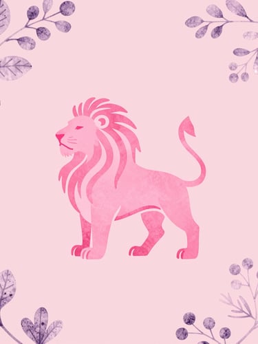 A minimalist hand-drawn pink lion emblem in watercolor style, centered against a soft dusty pink background, surrounded by delicate violet botanical illustrations, clean studio lighting.