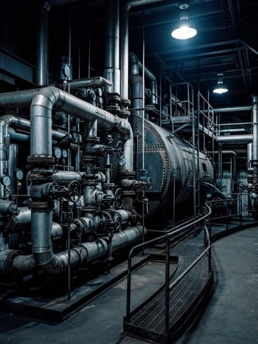 Industrial boiler room with large manifold piping, high-contrast dramatic mechanical room lighting, cool steel tones, sharp contrast, 35mm