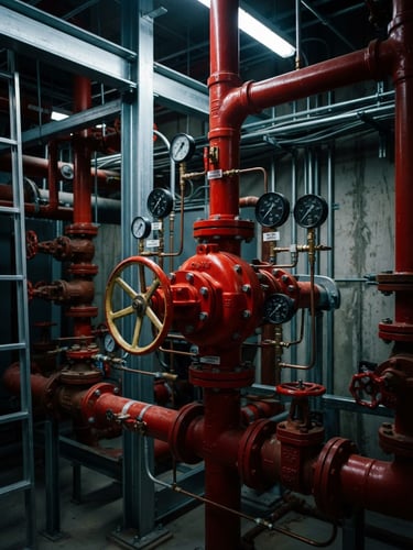 Industrial fire protection valve setup with red pipes and pressure gauges, high contrast technical lighting, cool steel tones, 35mm