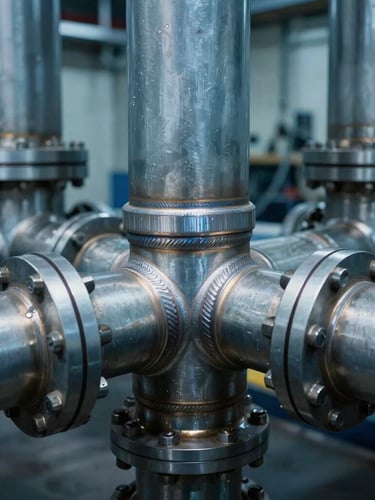 Close-up of precise pipe welds on industrial fire suppression lines, steel blue tones, dramatic lighting, 35mm