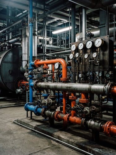 Industrial boiler room with large steel manifolds, pressure gauges, and blue and orange piping, high-contrast engineering photography, 35mm