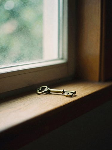 Soft directional window light shining on an old brass key resting on a wooden windowsill, tiny dust motes dancing in the air, warm atmospheric photography, 35mm film.