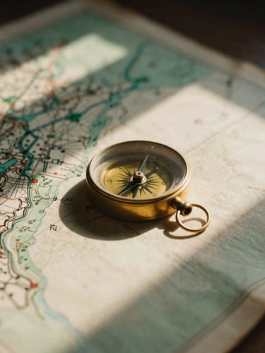 Macro photograph of a vintage brass compass resting on a hand-drawn map, warm golden hour light casting long shadows across aged parchment, 35mm film style.