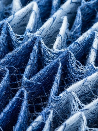 Sharp, high-detail macro shot of industrial filtration media, cool studio lighting, deep blues and crisp whites, focus on the intricate structure.