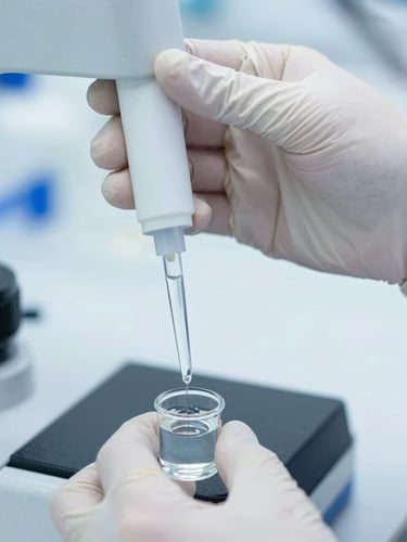 Close-up of hands in lab gloves carefully pipetting a water sample into a specialized analytical instrument, bright cool studio lighting, high detail, technical focus.