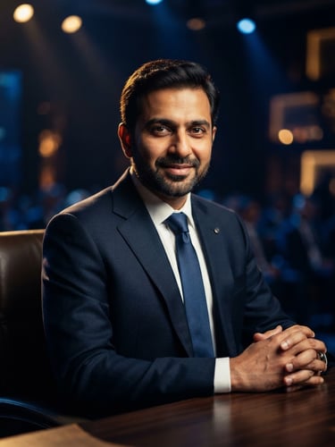 Sharp executive studio portrait of Apar Jain with subtle golden backlighting, deep blue tones, shallow depth of field, high-end editorial style.