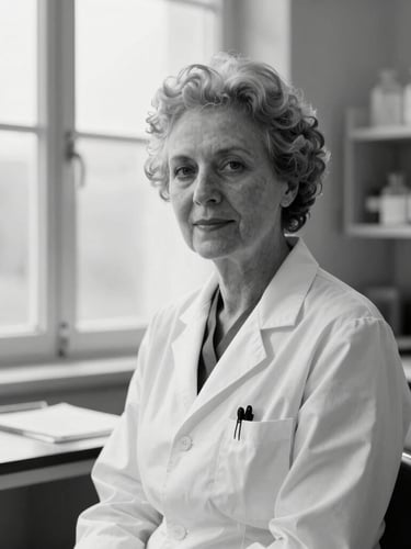 Sophisticated black and white portrait of an elegant medical pioneer in a modern sunlit laboratory, natural light, high contrast, 35mm