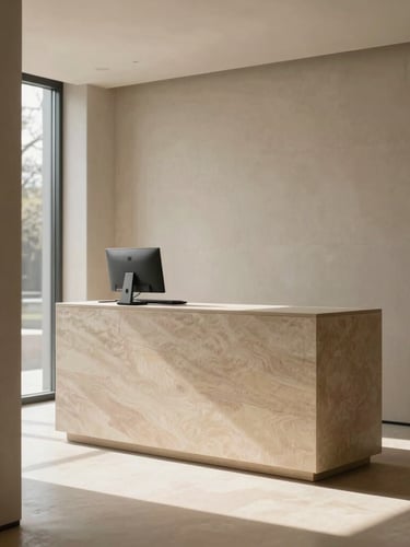 Elegant minimalist architectural clinic interior, soft natural window light casting long shadows, warm neutral stone and timber textures, 35mm photography