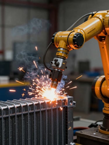 Close-up of a robotic welding arm fusing heavy steel radiator fins, dramatic orange arc-glow, dark industrial background, sharp technical focus.