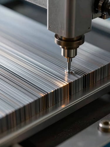 Macro close-up of thin grain-oriented silicon steel laminations being stacked precisely by an automated arm, high-contrast industrial lighting catching the metallic edges.
