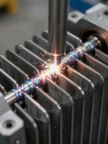 Close-up of industrial transformer radiator fins being precision welded, bright arc-glow, metallic textures