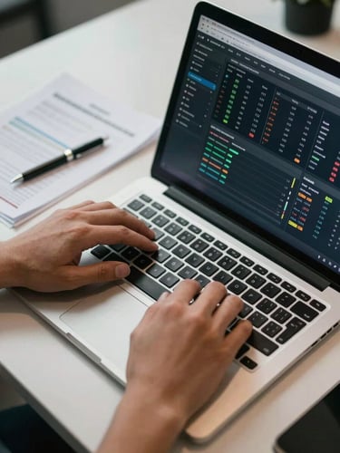 Close-up overhead angle of a work desk, hands on a laptop keyboard with a campaign performance dashboard visible on screen, printed report sheets and a pen beside it, cool fluorescent office light, sharp focus on the screen metrics