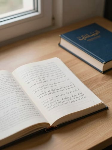 Close-up overhead composition of an open Arabic reference book beside handwritten study notes on a clean wooden desk, natural window light falling from the upper left, a second closed textbook stacked precisely to the right, no hands in frame — calm and organized