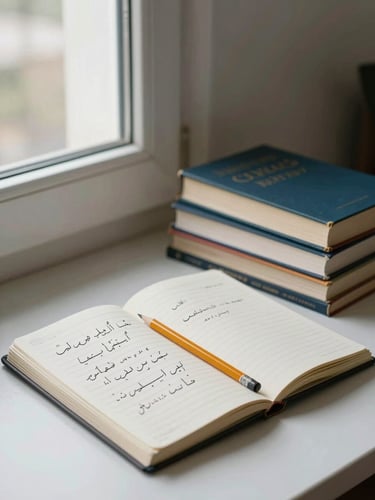 Portrait-oriented shot of a neatly arranged study corner — open notebook with structured Arabic notes, a stack of textbooks beside it, a pencil resting on the page, soft natural window light from the left, no people, calm and organized
