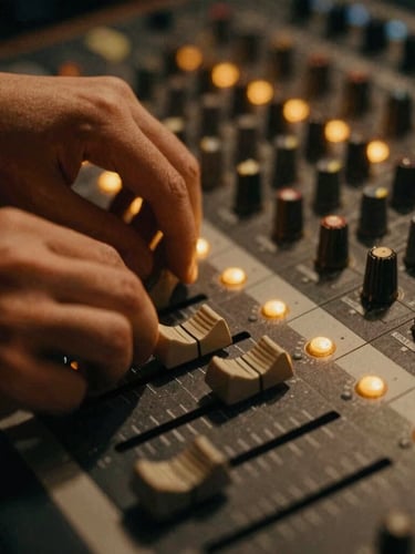 Extreme close-up of hands adjusting faders on a vintage analog mixing console, warm amber indicator lights glowing, deep shadows, 35mm film grain
