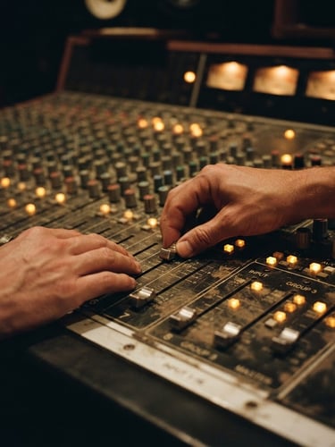 Hands adjusting faders on a vintage mixing console, warm amber indicator lights glowing in a dimly lit studio, extreme close-up, 35mm film grain, tactile textures