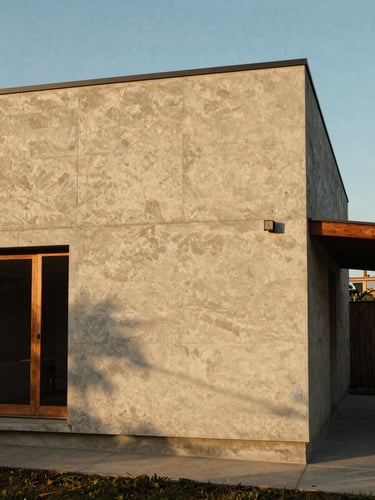 Straight-on architectural elevation of a concrete and timber dwelling, low-angle golden hour sunlight casting long shadows on textured plaster, medium format film