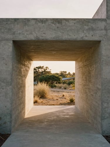 Deep perspective corridor of a modern concrete home opening to a dry landscape garden, low-angle sunlight.