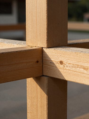 Close-up of a raw timber structural joint meeting a concrete column, highlighting the tactile transition of materials.