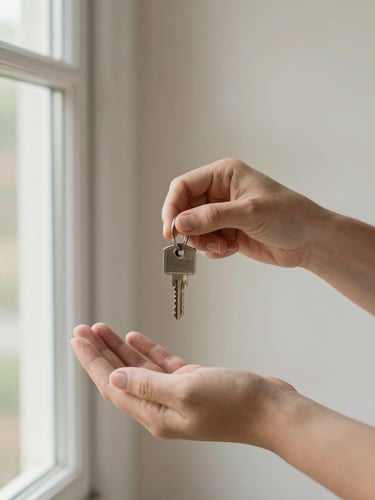 Close-up of a pair of hands exchanging a house key at a threshold, natural window light from the left, clean documentary framing, warm off-white wall in background