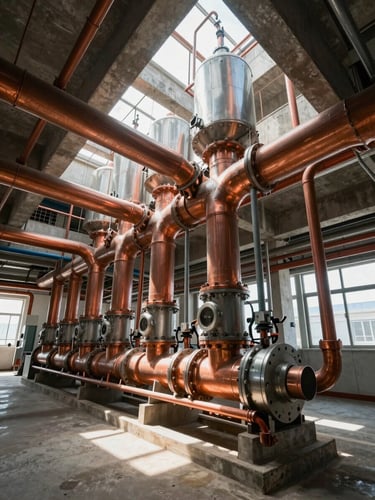 Wide-angle structural shot of a complex commercial chiller plant room, copper piping manifolds, high-contrast industrial lighting, natural daylight filtering through concrete structures.