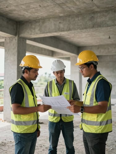 Wide-angle on-site photo of a Singaporean M&E project director in safety gear reviewing technical shop drawings with engineers in a half-constructed concrete utility room, natural daylight filtering through.