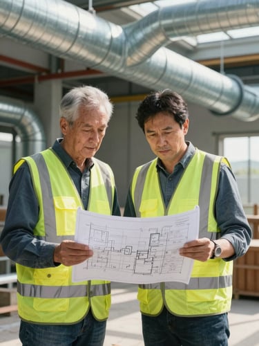 An M&E engineer in a safety vest reviewing physical blueprints on-site against a backdrop of newly installed galvanized ducting, natural daylight