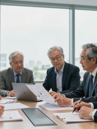 Side view of senior engineering executives reviewing technical schematics in a modern, well-lit boardroom, natural daylight, sharp focus, professional high-end editorial style.
