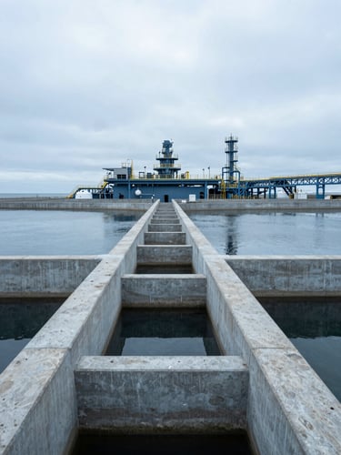 Wide environmental shot of heavy water infrastructure and concrete channels under a cool, overcast sky. Desaturated steel blue tones, sharp architectural focus, high-end editorial photography showing scale.