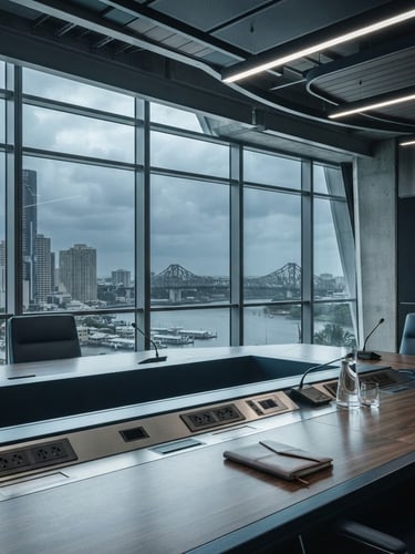 Architectural crop of a modern corporate boardroom in Brisbane, cool overcast daylight, steel blue tones, high-end editorial style