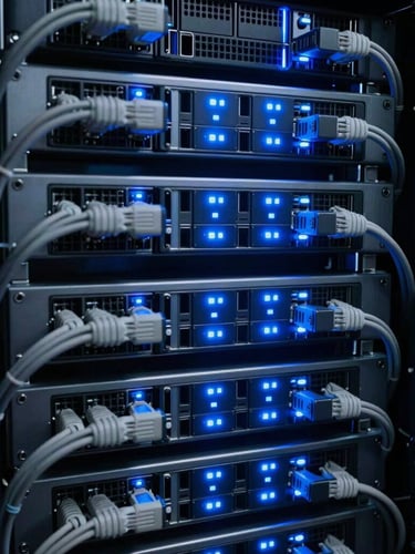 Macro shot of meticulously organized structured cabling and glowing blue LED status lights inside a dark server rack, cool industrial lighting, high-contrast 35mm photography