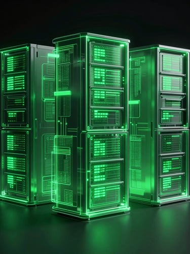 futuristic 3d render, glowing neon green holographic data visualization of complex server architecture, absolute dark background, glassmorphism, octane render, sharp focus