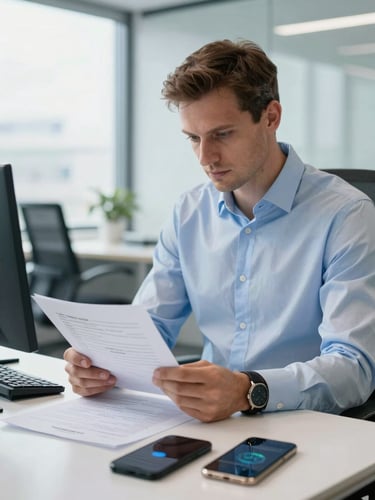 Professional portrait of a European corporate executive in a crisp blue shirt reviewing logistics documents in a modern, bright office, cool daylight, sharp focus