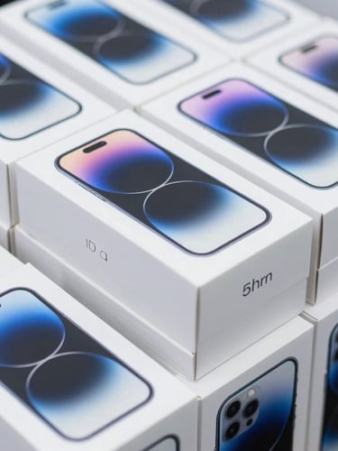 Sharp macro shot of sealed premium smartphone retail boxes stacked neatly in a clean, brightly lit European logistics facility, cool studio lighting, 50mm lens